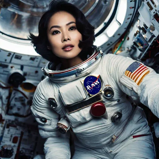 Prompt: RAW photo, 3/4 body shot, pretty young Indonesian woman, 25 year old, (round face, high cheekbones, almond-shaped brown eyes, epicanthic fold, short black hair, small delicate nose, slightly flattened nose bridge, wide nasal base, full luscious lips), astronaut suit falling open revealing blue underwear, dynamic pose, background space, stars, hd, masterpiece, intricate detail, hyper-realistic, photorealism, award–winning photograph, shot on a Fujifilm XT3