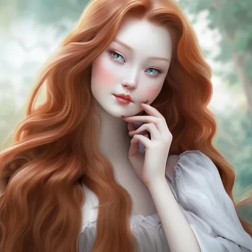 Prompt: a potrait of  porceline lady with red long hair on phone 

