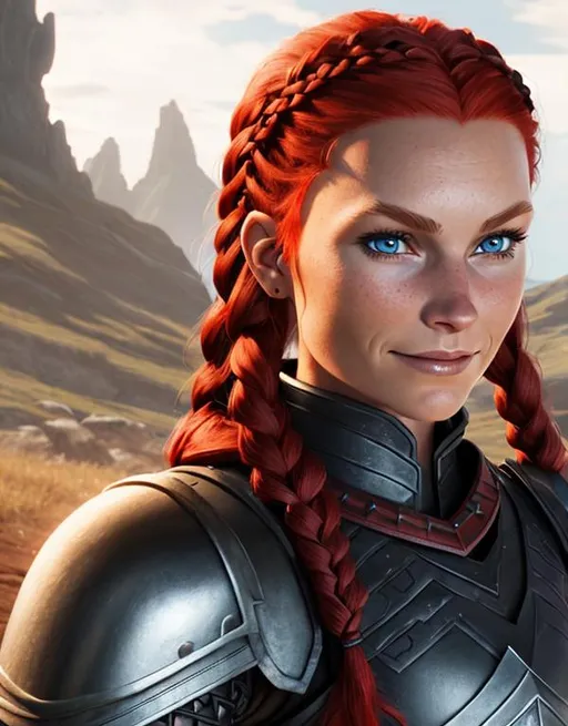 Prompt: Woman viking, how to train your dragon animation, subtle smile, red hair, cornrow braids, blue eyes, black gear, black armor, 3d lighting, full body, full armor