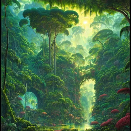 Prompt: Landscape painting, beautiful lush tropical glade with a huge green colored dimensional portal at the centre, bright light, dull colors, danger, fantasy art, by Hiro Isono, by Luigi Spano, by John Stephens