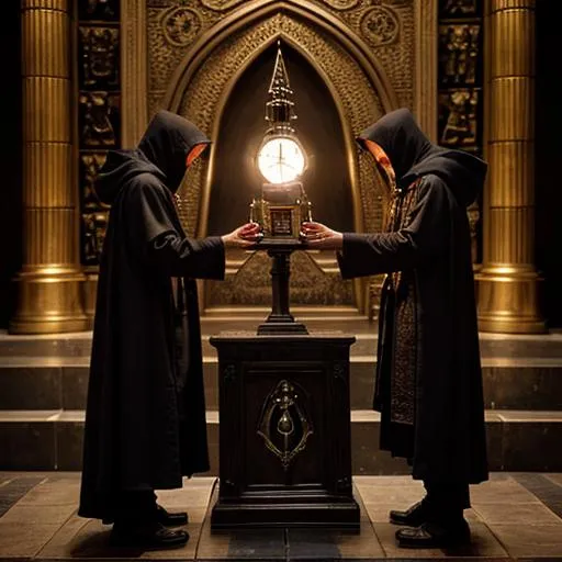 Prompt: Hooded clockwork adepts worshipping a strange book on an altar