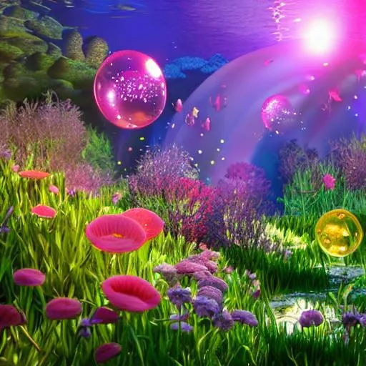 Prompt: fairy, bubbles, flowers, beautiful landscape, underwater meadow, coral reef, highly detailed, 3d blender render, heavenly lighting, 