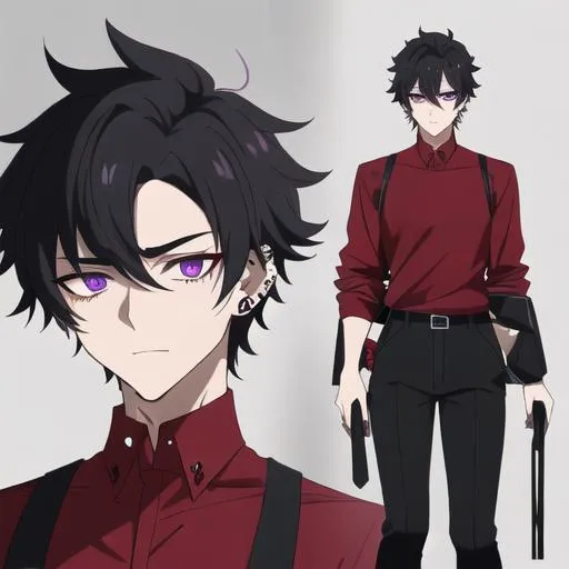 Prompt: Male young adult, 19, (Short black hair falling between the eyes, sharp and tired purple eyes, and a feminine body), red shirt, black pants, sloppily dressed,  Black piercings, highly detailed face, 8K, Insane detail, best quality, UHD, highschooler, handsome, flirty, 