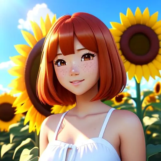 Prompt: Render of a very beautiful naive 3d anime filipino girl, full body, bob length red hair, hazel eyes, cute freckles, full round face, short smile, short sunflower sundress, golden hour, serene space setting, medium shot, mid-shot, highly detailed, trending on Artstation, Hyperealistic details ray tracing shaders, Unreal Engine 4k, UHD