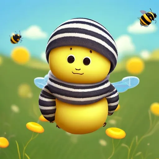 Prompt: Children's story book character, a cartoon baby bee's small, round body covered in soft, big eyes fuzzy yellow and black stripes.
flying through a pasture land with greenery
