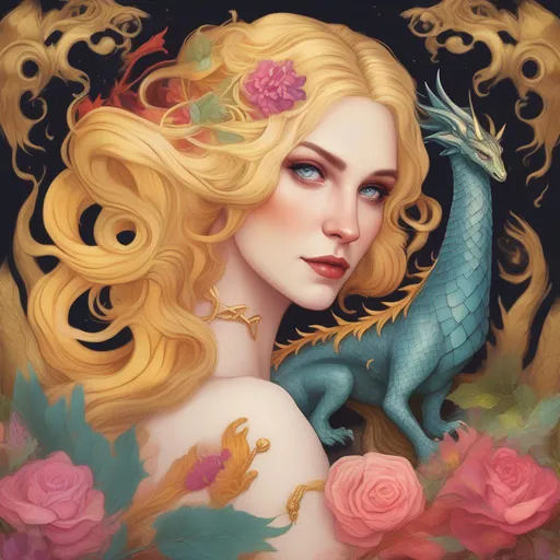 Prompt: A colourful and beautiful Persephone, with gold hair and her hair being made out of magic, with a dragon in a painted style