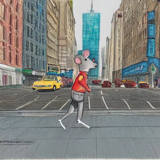 Prompt: a coloured pencil illustration of a mouse walking down a busy pedetrian street in new york