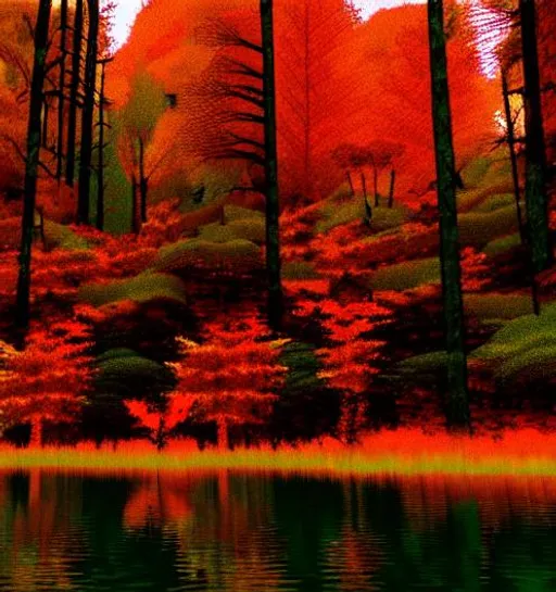 Prompt: Night Dark Forest Lake autumn ps1