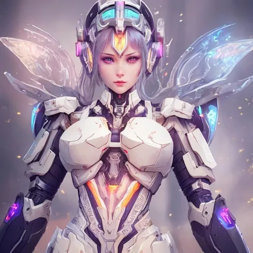 Prompt: show face, an intricate girl exoskeleton, pale skins, futuristic mecha armor, cyberpunk light, juicy, tron, 3d, Splash art, front, epic Instagram, artstation, hyperdetailed intricately detailed, intricately detailed full helmet, unreal engine, fantastical, intricate detail, splash screen, complementary colors, Sci-fi concept art, 8k, heavy strokes, splash arts, full height, full body,