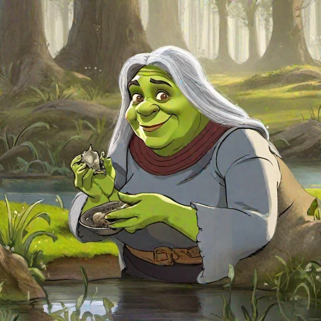 Prompt: Old female Shrek, grey hair, eating a slug, swamp in the background