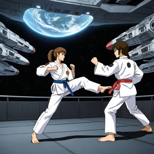 Prompt: the space fighters training karate on the ship anime.