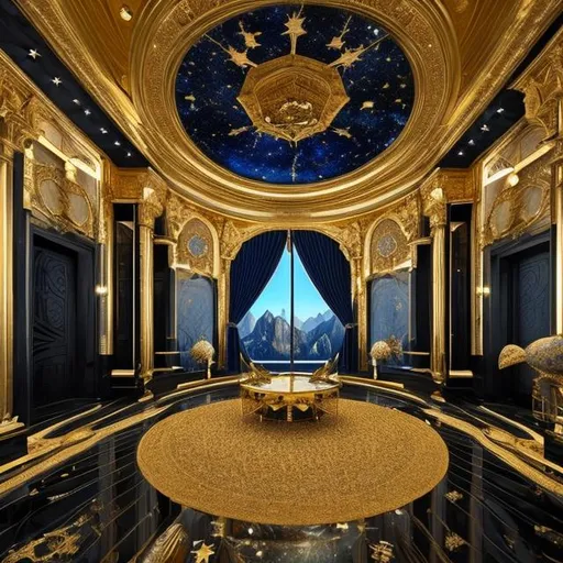 Prompt: a space themed majestic room with gold accents and a night sky, throne, stairs, windows, exotic plants, stars, majestic, carpet, beautiful, amazing, 8k, high quality, gold statues