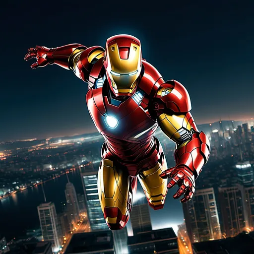 Prompt: Iron Man flying over a cityscape at night.