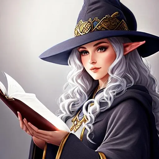 Prompt: dnd, elf, wizard, magic, gray robes, wizard hat, portrait, curly hair, female, Illustration