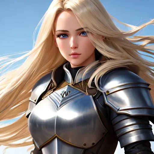 Prompt: extremely realistic, hyperdetailed, blonde hair knight girl, wears full armor, hair blowing in the wind, highly detailed face, highly detailed eyes, highly detailed body, full body, whole body visible, full character visible, soft lighting, high definition, ultra realistic, unreal engine 5, 8K, digital art