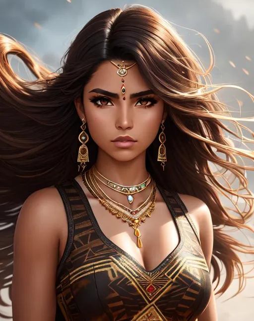 Prompt: Isabela Merced, 17 years old, wearing tribal cueitl, sleeveless, determined, fierce, hero, dirty, dramatic, human, cinematic lighting, caustic, in outdoor villiage,  ethereal, jewelry set balayage wild hair, brown eyes, ethereal, jewelry set,stunning, royal vibe, highly detailed, digital painting, Trending on artstation , HD quality, tan skin,artgerm, by Ilya Kuvshinov