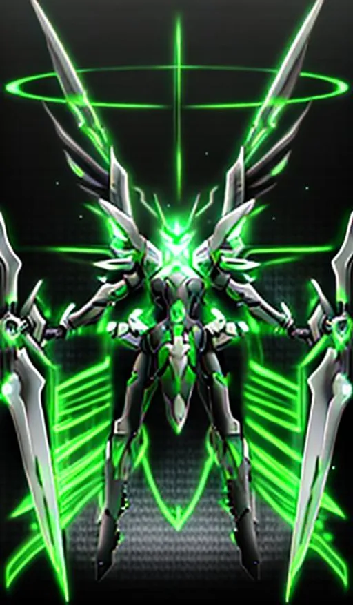 Prompt: green and  silver scifi armor, ULTRAKILL Xenoblade 2 , conceptart , scifi sword,  halo, dark backround