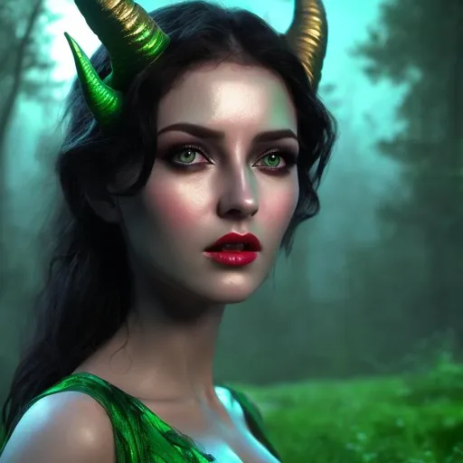 Prompt: 4k 3D professional modeling photo live action human woman hd hyper realistic beautiful dark fae woman with horns black hair fair skin green eyes beautiful face red lips black and green dress enchanted mystical landscape hd background with live action magic