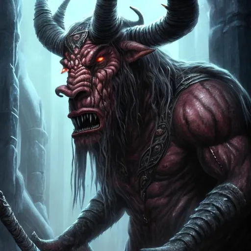 Prompt: Toronor is a massive beast, standing near eight feet tall, dark red skin, and giant white horns that protrude from just above his hair line. His cloven hooves clack as they grate against the cold gray stone of the Hall. His demeanor seems quite calm compared to the stories that have been told over the centuries. This is the infamous, Toronor. 