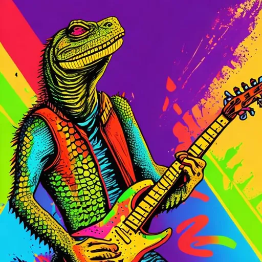 Prompt: reptilian rockstar playing guitar at a concert, bright colors, painted poster