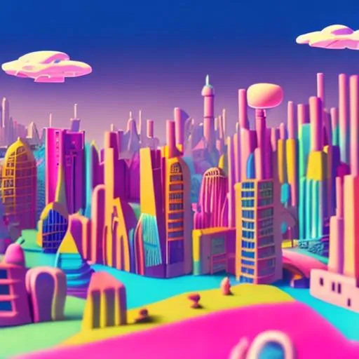 Prompt: surreal city, surreal background, plasticine style, vintage film style, hyper realistic, 8k, super detailed, coloful, ambient colors, minimalist, 
