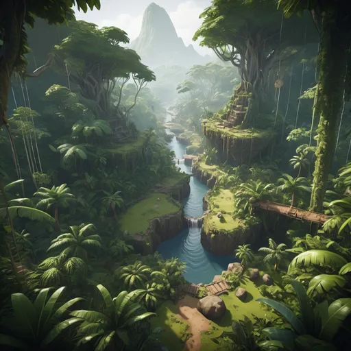 Prompt: A jungle biome for a vidéo game map, trending on artstation, isometric view, large fantastic landscape, unreal engine, global illumination, ultra-realistic, cinematic shot, depth of field, 8k, UHD, Award Winning, Masterpiece:1.1