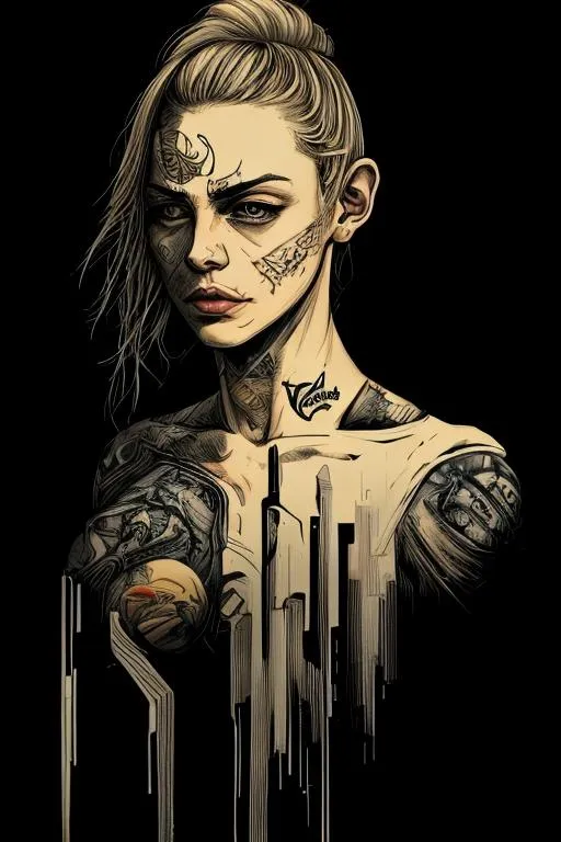 Prompt: black background, blonde white-skinned woman, zoomed out, art style, dystopian, neck tattoo, colour, journalist