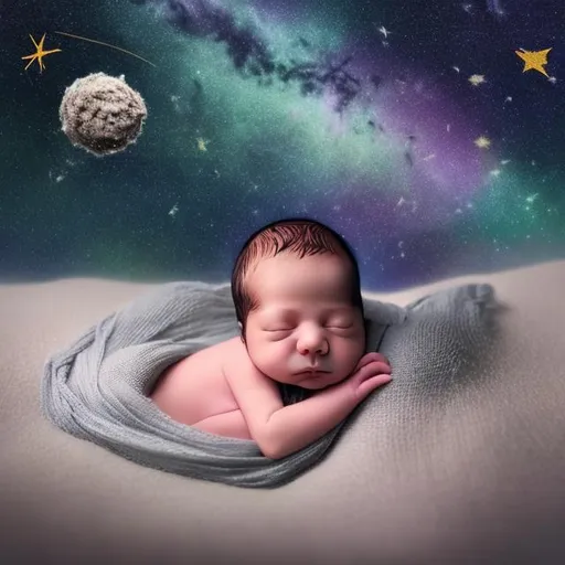 Prompt: a newborn baby  sleeping in the middle of nowhere surrounded by stars comets with a trail of fairy dust 