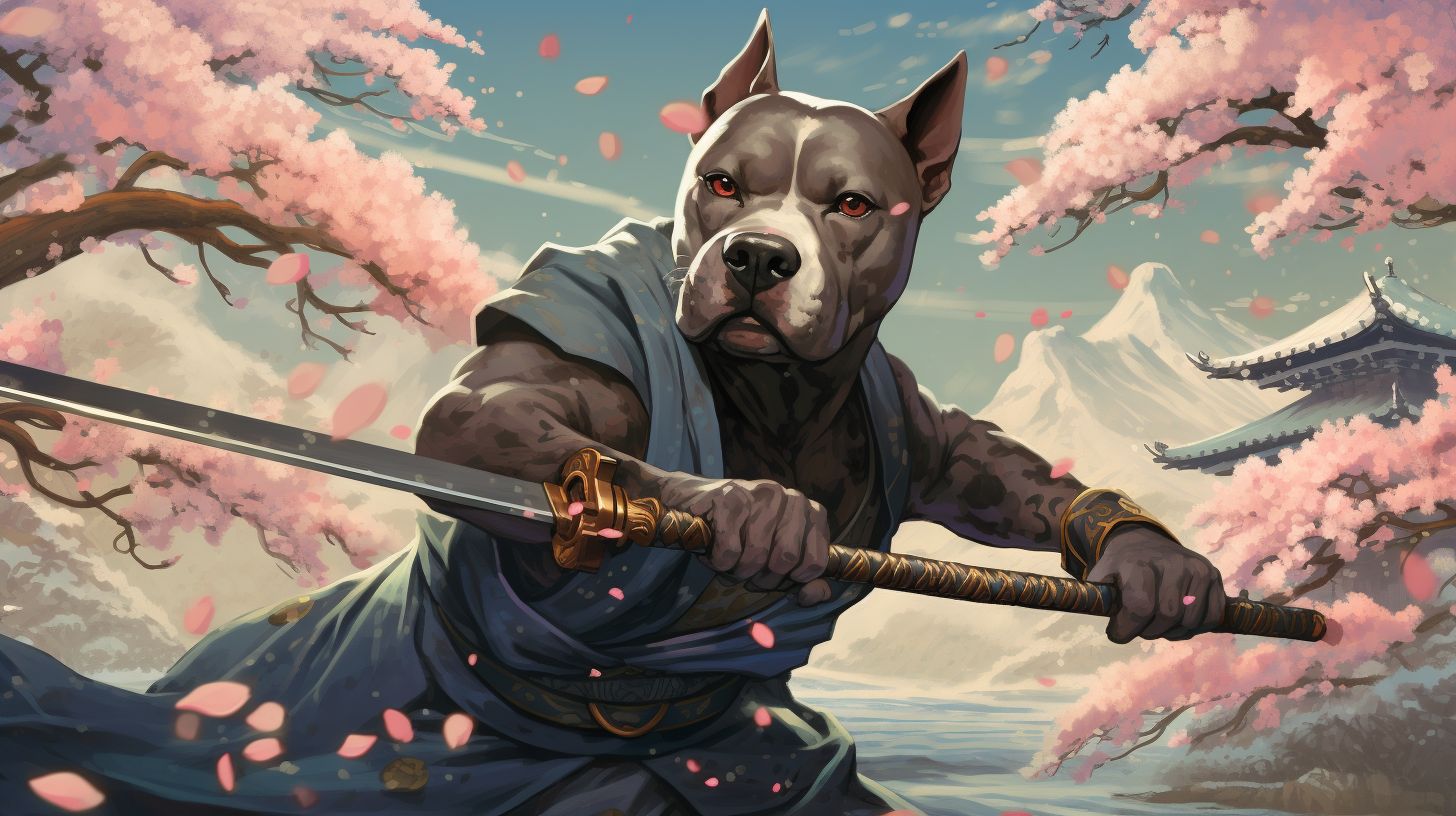 Prompt: A brindle pitbull in a japanese anime style brandishing a blue water sword shaped like a whaling harpoon, ready for battle, anthropromorphic, scar over left eye, closed left eye, dynamic pose, background cherry blossom trees in bloom --v 5.2 --ar 16:9