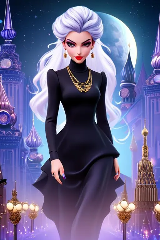 Prompt: head-on, surreal cartoon, high fashionista pose, Stunning, glossy portrait of a stunning woman with lavender grey hair pulled back into a bun, she is dressed like a Russian princess,  metallic black fabric fabric, dramatic jewelry, dramatic necklace with a tiny dagger that looks real, background is architecture lit by the moon,  trending on artstation