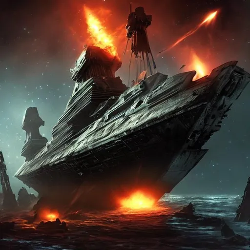 Prompt: star ship wreck war ancient beam fire horror rotting old 