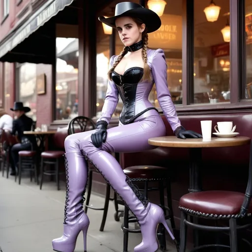Prompt: Emma Watson in Victorian-style light purple latex riding habit with cowboy hat, extremely long braided ponytail, high-heeled boots, latex gloves, tight catsuit with extremely tight corset, full view head to toe, sidewalk cafe sitting, high fashion, sleek and polished, detailed lace trim, intricate braided ponytail, professional, elegant, best quality, highres, ultra-detailed, Victorian, latex, tight corset, high fashion, sidewalk cafe, detailed gloves, sleek design, professional, atmospheric lighting