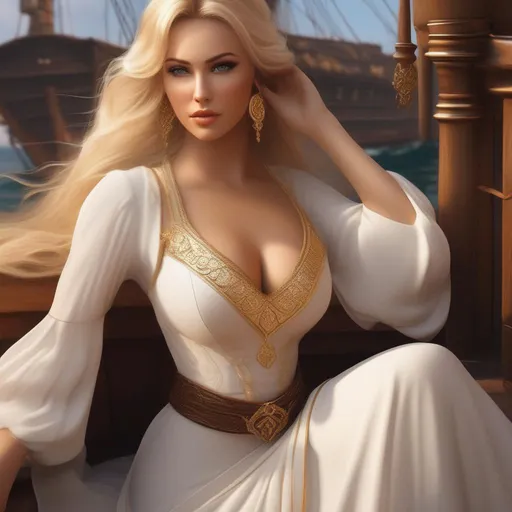 Prompt: Beautiful fantasy medieval busty seducer, (crop top:1.5),Perfect face, perfect hand, perfect five fingers and body. ((blonde woman in white and gold dress: 1.3)) adorned with necklace, look to me, ((gold details in dress)) ship in back, young woman, and in a dnd port, ((hyperdetailed eyes)), perfect body, perfect anatomy, beautifully detailed face, full body, highly detailed, digital painting, artstation, hyperrealistic, sharp focus, illustration, art by artgerm and greg rutkowski and alphonse mucha, 8k, pretty eyes, award-winning cgi, blender, headshot