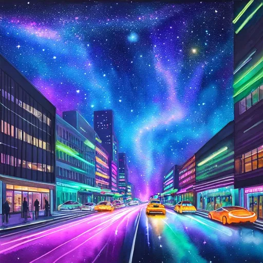 Prompt: a watercolor style painting of a city, galaxy sky, nighttime, soft light, art, cars with light trails, fireflies, vaporwave