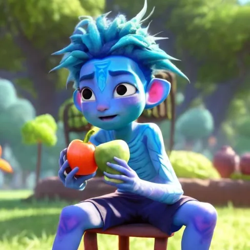 Prompt: A young blue haired (animated) boy,  siting on a chair in a park (drinking a veggie smoothie). And then he transformes in a (super cute) avatar god of veggies and fruit!

