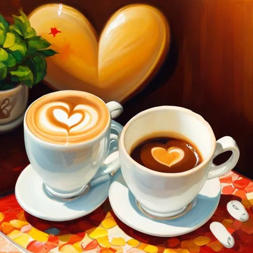 Prompt: Coffee cup steaming with creamer in the form of a heart in it, a beautiful bright morning, sitting on a table, detailed, realistic, the coffee cup has words in it that say "two become one", oil painting 