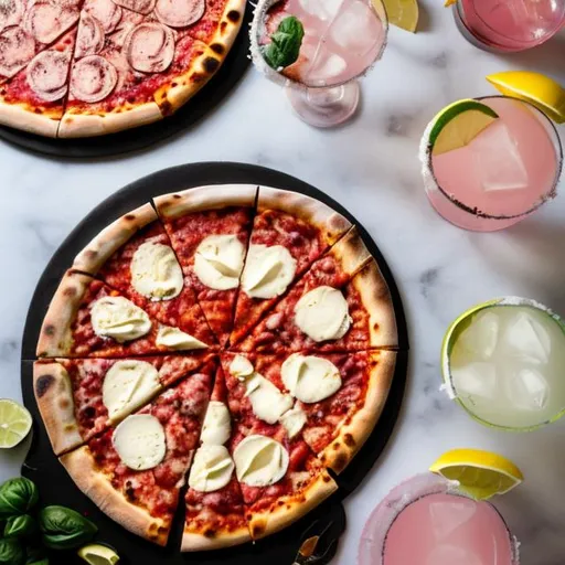 Prompt: Neopolitan style pizza and white margarita cocktail, fun party, sunshine, da Vinci style