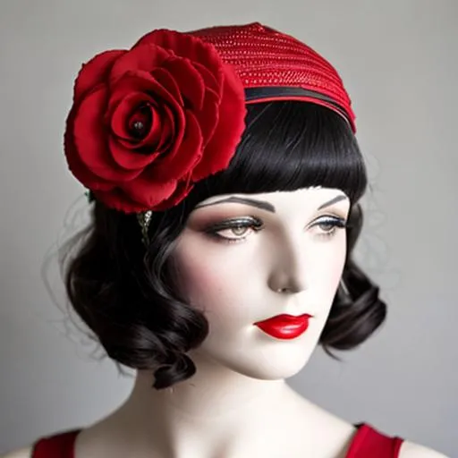 Prompt: 1920s Flapper with red rose flower headpiece 
