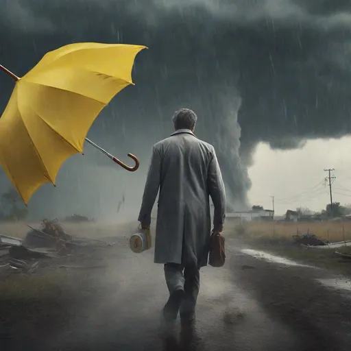 Prompt: A dusty, stormy tornado in background, various objects are flying. A calm man in grey with a yellow umbrella is calmy walking.. realistic, movie photos, 8k