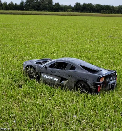 Prompt: abandoned McClaren in field 