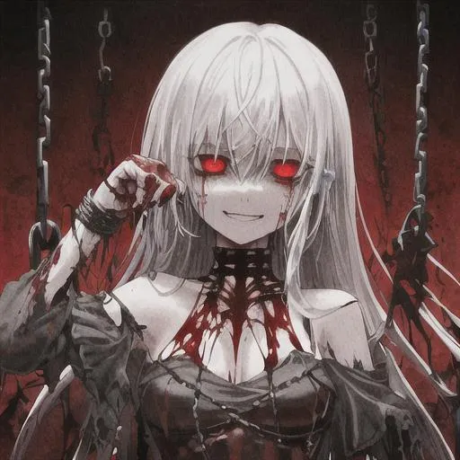 Prompt: bloody, evil, sad, mad, smiling,
black, devil, melting, magic, one thing. chains, ripped clothing, (girl), blood,