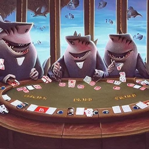 Prompt: sharks playing poker