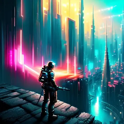 Prompt: cyber punk man looking at viewer, futuristic city background, hd, highly detailed