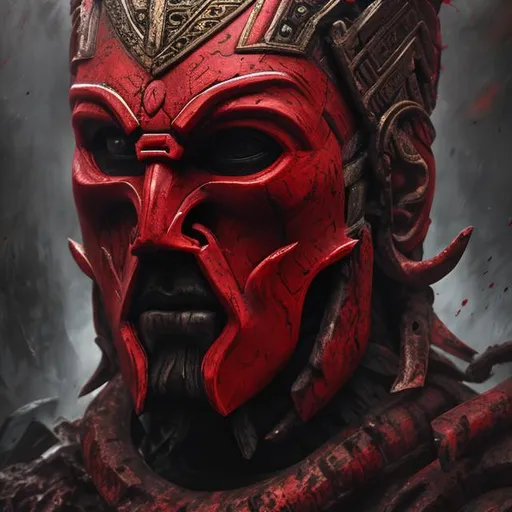 Prompt: war as a male god with a red mask ,symbolizing bloodshed, covering his face
realistic dark oil painting, 8k, many details