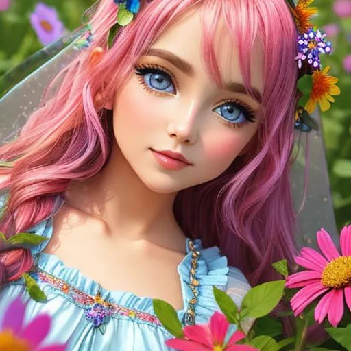 Prompt: Fairy of summer, vivid colors,large eyes, warm coiors, wildflowers, closeup