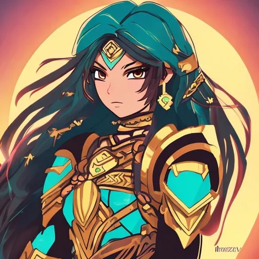 Prompt: Anime style brown eyes Latina woman fighter healer mage proportional  no hands focused small chest long black hair straight turquoise and gold armor confident woman 30 years old fierce sunset 
