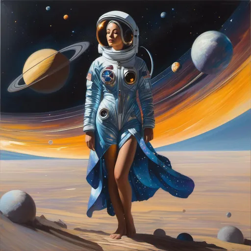 Prompt: a woman wearing outer space as a dress, Greg Rutkowski