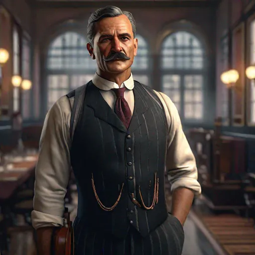 Prompt: An ultra realistic portrait of tough looking butler in the 1920s, long shot super detailed lifelike illustration, action-adventure outfit, shotgun

soft focus, clean art, professional, old style photo, CGI winning award, UHD, HDR, 8K, RPG, UHD render, HDR render, 3D render cinema 4D