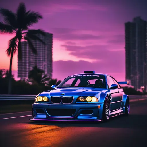 Prompt: 2001 BMW M3 E46 GTR, synthwave, aesthetic cyberpunk, miami, highway, dusk, neon lights, coastal highway, dusk, neon lights, coastal highway, sunset, drift, nurburgring