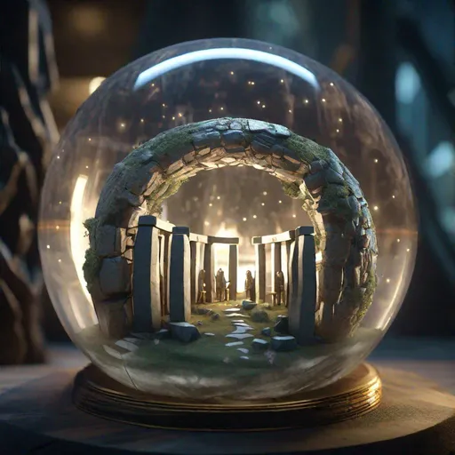 Prompt: "A beautiful miniature Stonehenge trapped inside a glass orb - 8k resolution concept art hyperdetailed Unreal Engine hyperrealism resin cast Middle-Earth beautiful mysterious photorealistic hyperdetailed intricate geometric flickering light entangled Symmetry C + +, Python and Houdini Anime"